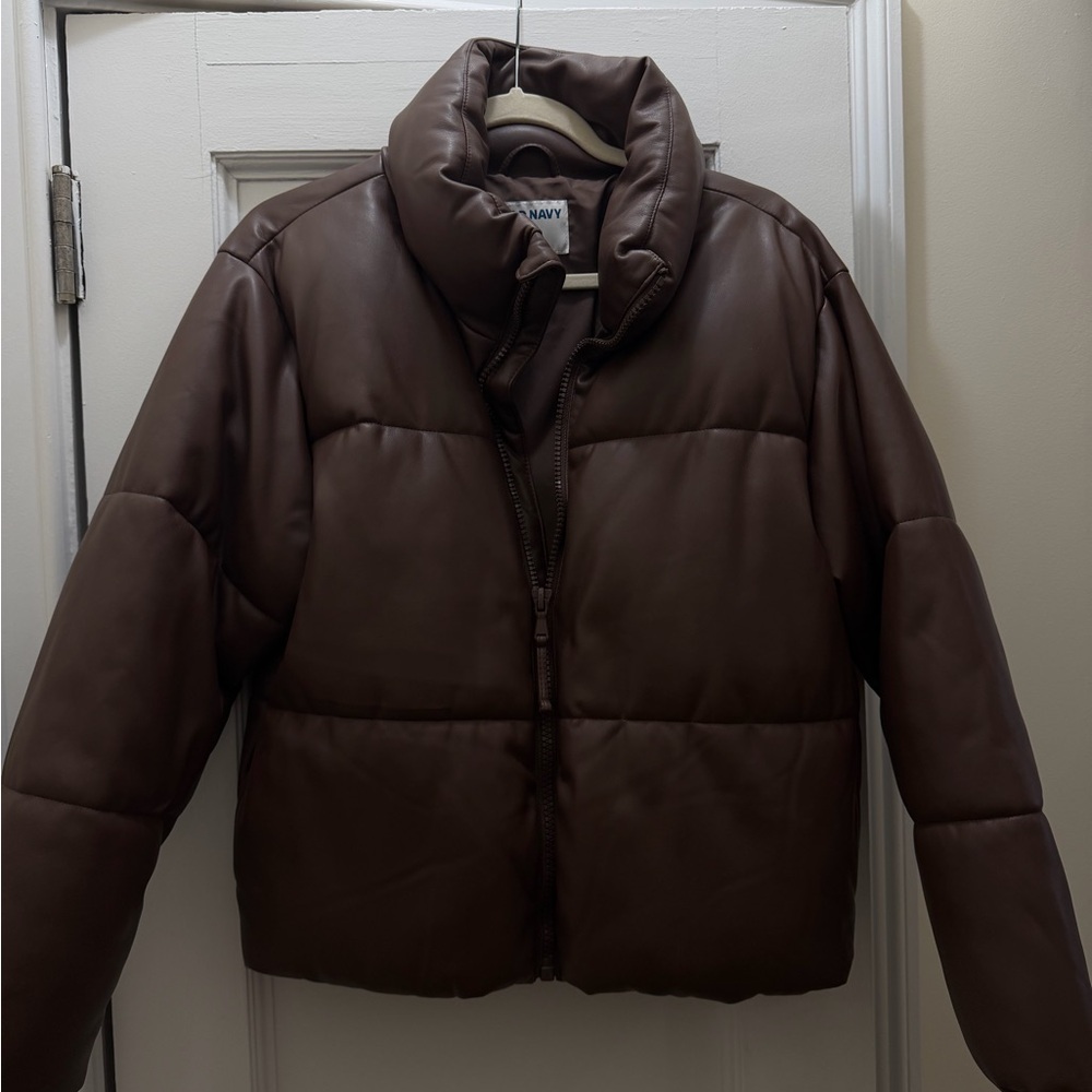Brown Faux Leather Puffer Jacket